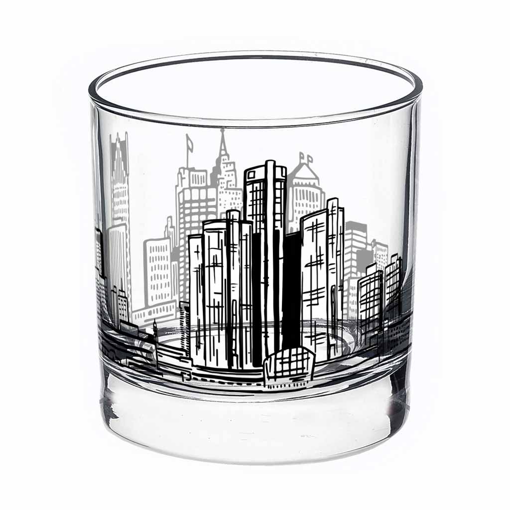 Detroit Skyline Printed Rocks Glass
