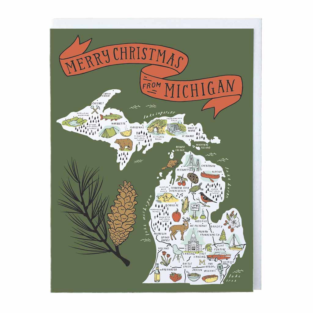 Illustrated Michigan Map - Merry Christmas - Set of Six Cards