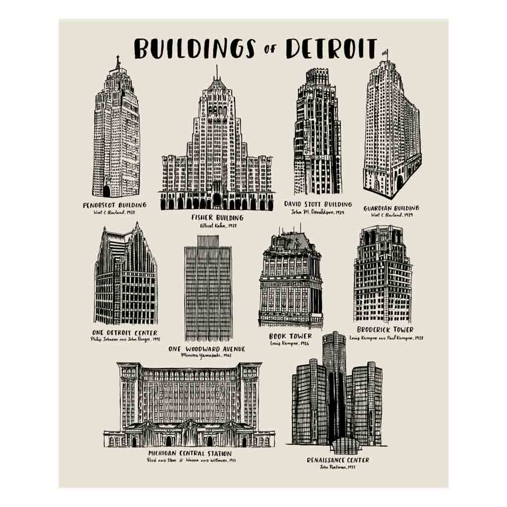 Buildings of Detroit Silkscreened Print - 18x24 - City Bird