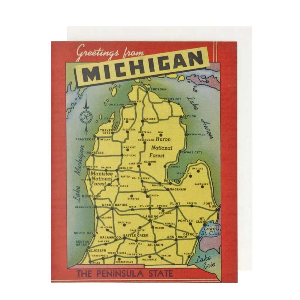 Greetings from Michigan 1940's Card (Red) - City Bird