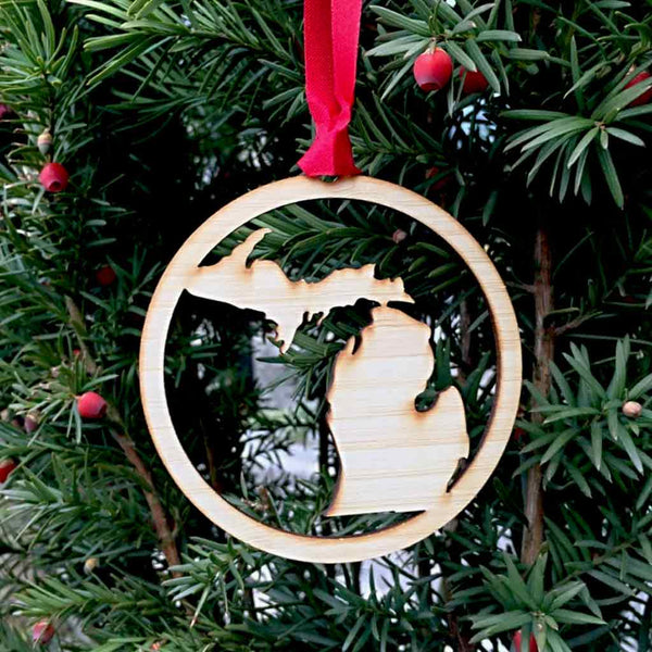 Wooden State of Michigan Peninsulas Silhouette Ornament - City Bird