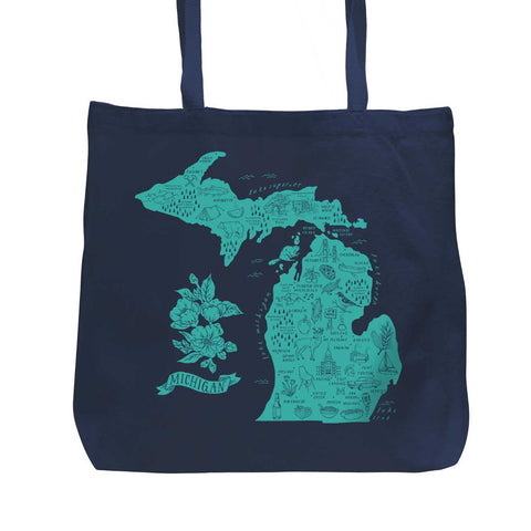 Illustrated Michigan Map Navy Blue/Turquoise Tote - City Bird 