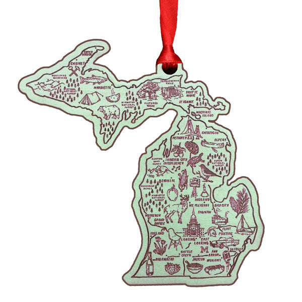 Illustrated Michigan Map Wood Ornament