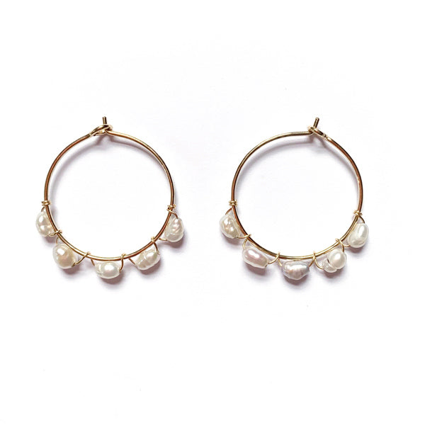 Hammered Gemstone Hoops Pearl/gold