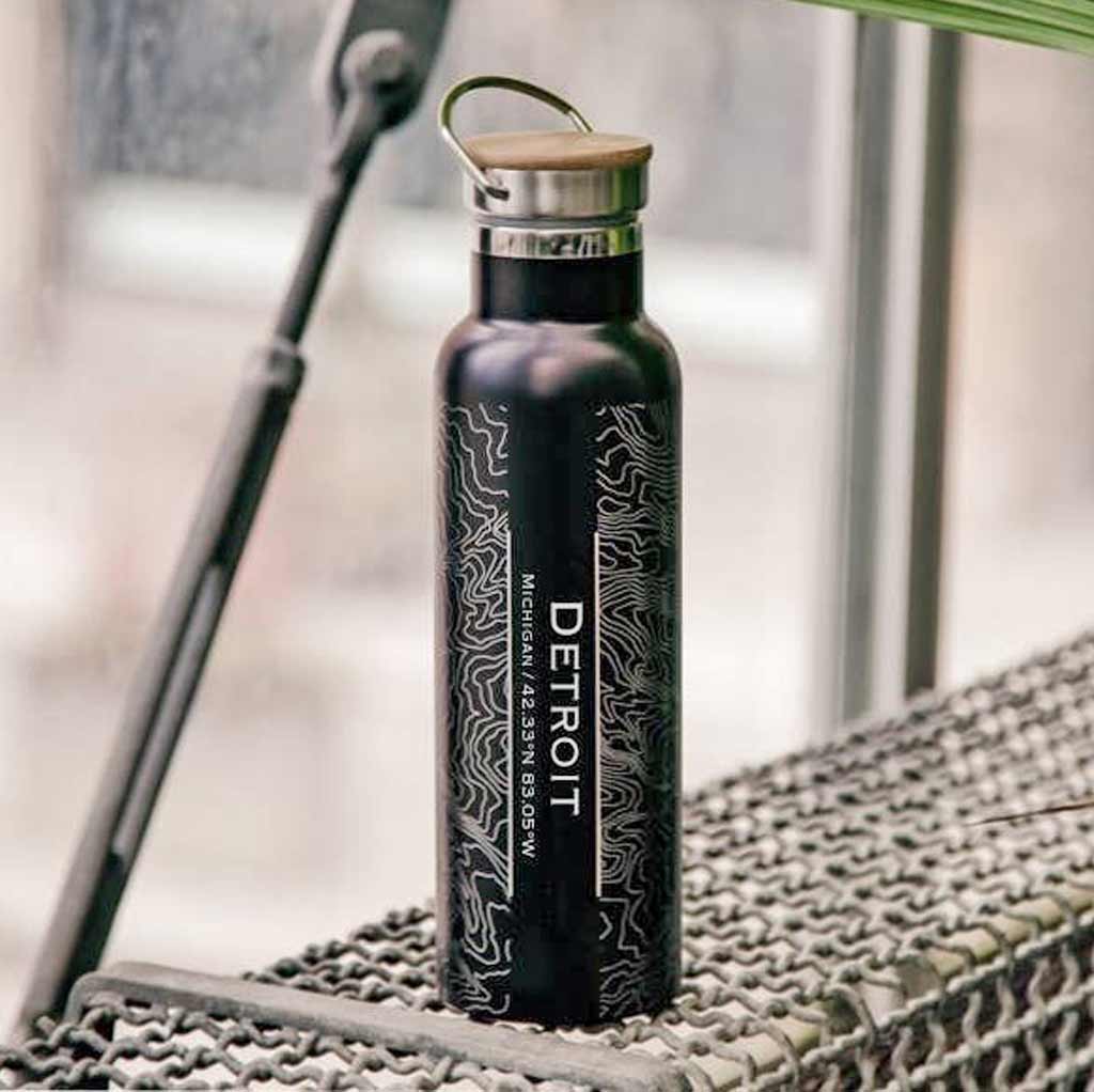 Detroit City Map Bottle with Bamboo Top - Matte Black