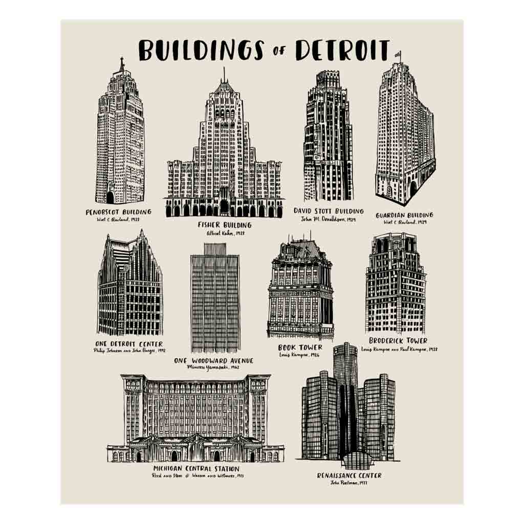 Buildings of Detroit Silkscreened Print - 18x24 - City Bird 