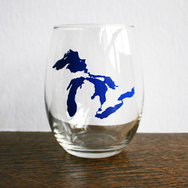 Great Lakes Stemless Wine Glass - Blue - City Bird 