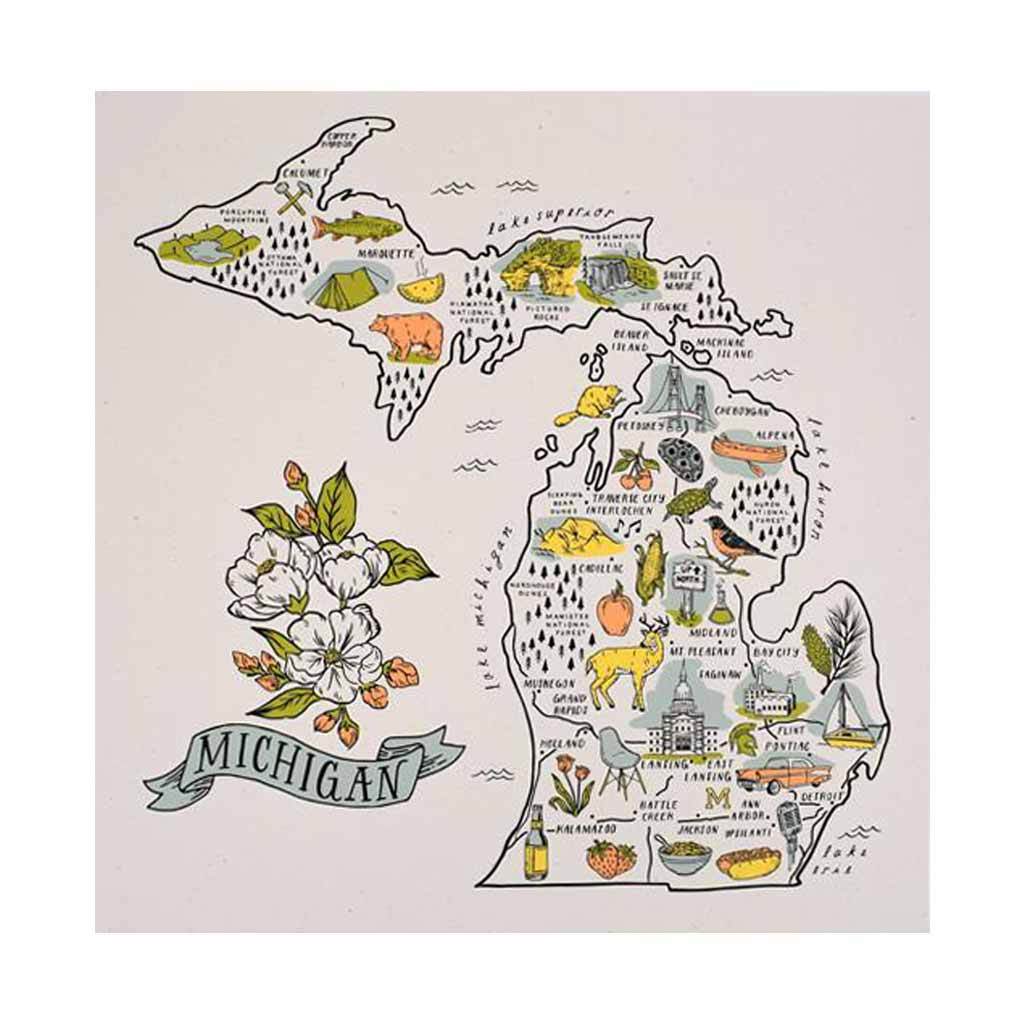 Illustrated Michigan Map Print (Silkscreened, 18 x 18) – City Bird illustrated-michigan-map-print-silkscreened-18-x-18-city-bird