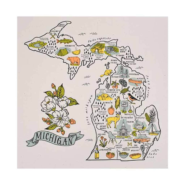Illustrated Michigan Map Print - City Bird 