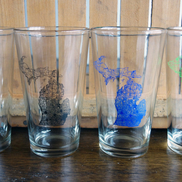 Michigan Map Pint Glasses - City Bird 