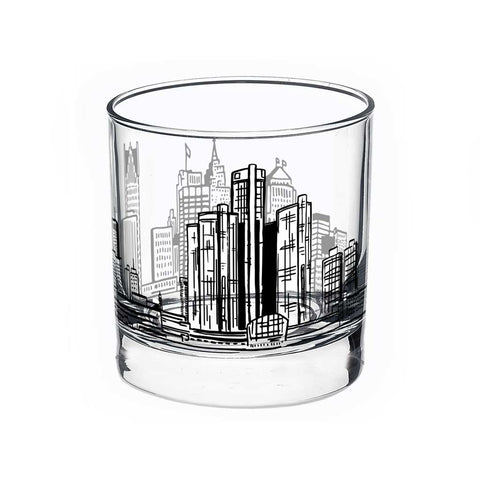 Detroit Skyline Printed Rocks Glass - Black - City Bird 