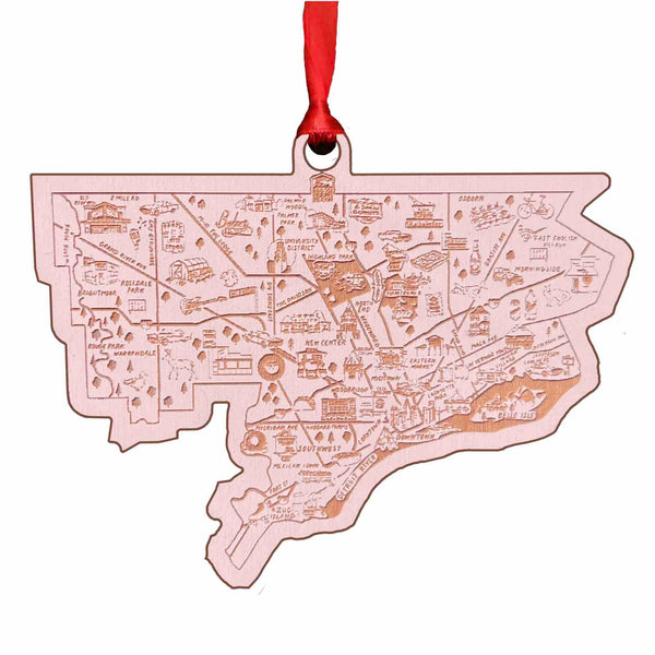 Illustrated Detroit Map Wood Ornament