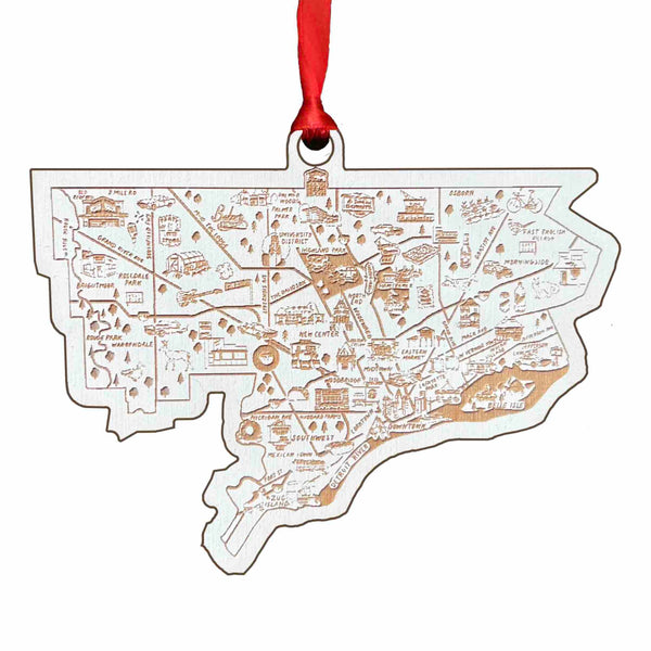 Illustrated Detroit Map Wood Ornament