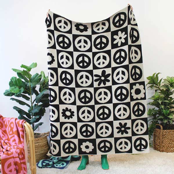 Peace Please Checkered Knit Throw - Black and Natural