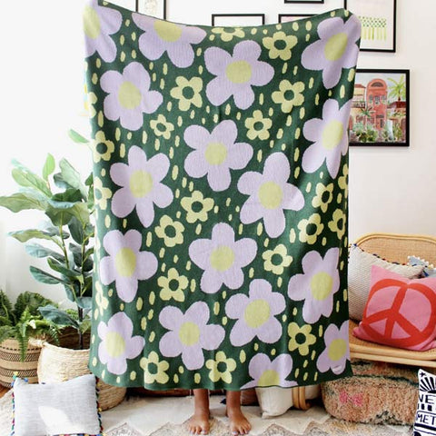 Flower Power Knit Blanket - Green & Purple