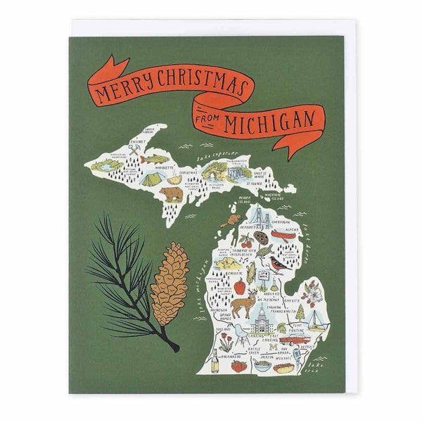 Illustrated Michigan Map Card - Merry Christmas